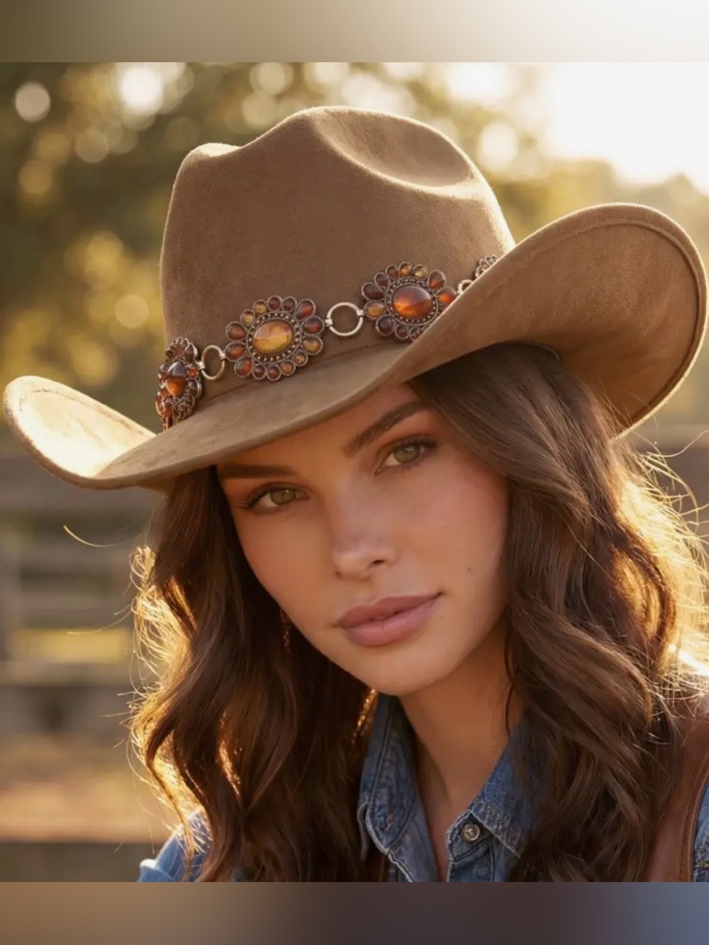 NWT Brown Suede Western Cowboy Hat w/Amber Concho Gems Band Boho Ranch Chic